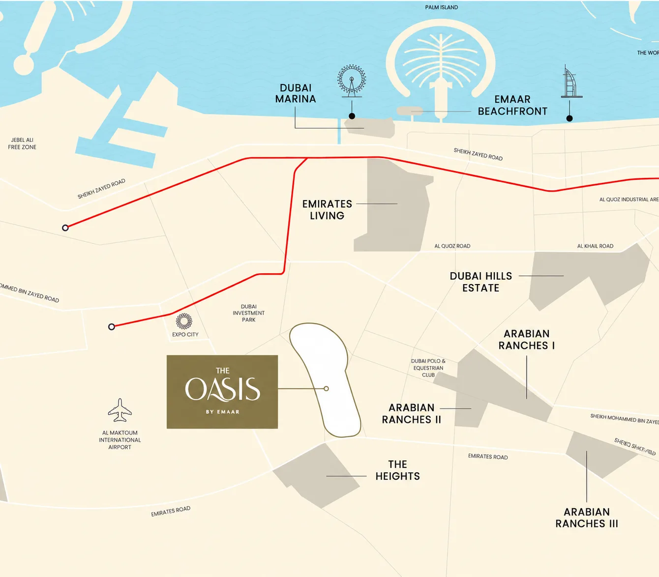 Map positioning Lunaya near Sheikh Zayed Road and major destinations in the Jebel Ali growth corridor